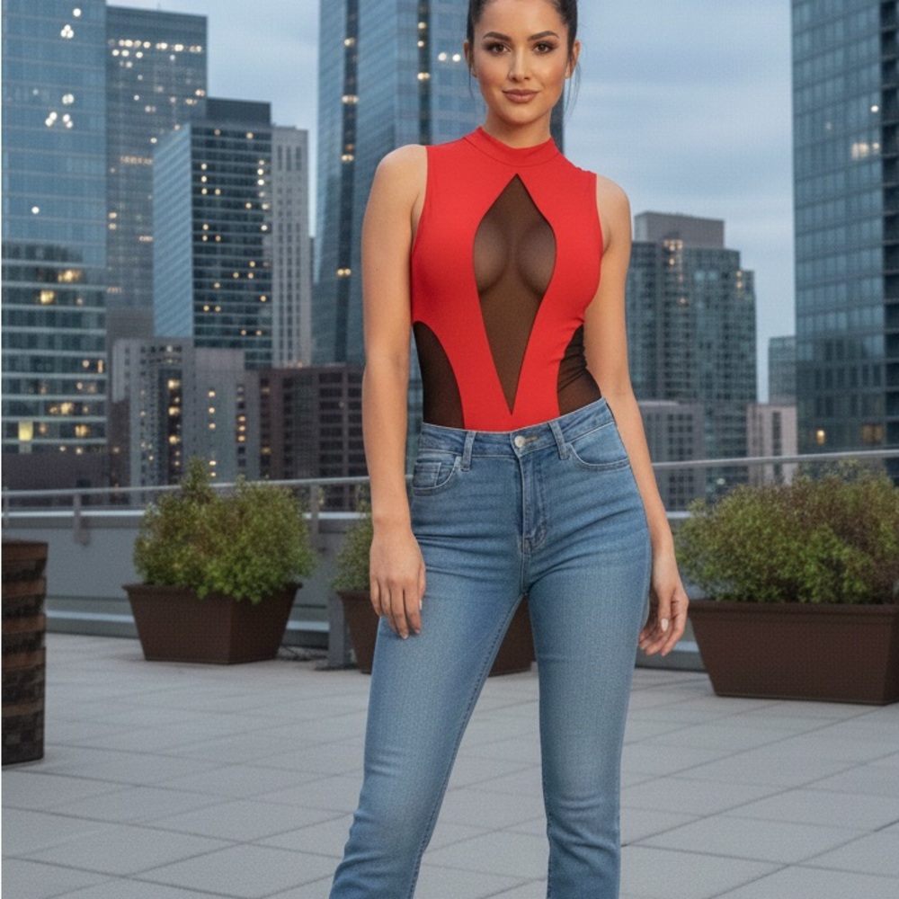 Red and Black Sleeveless Top